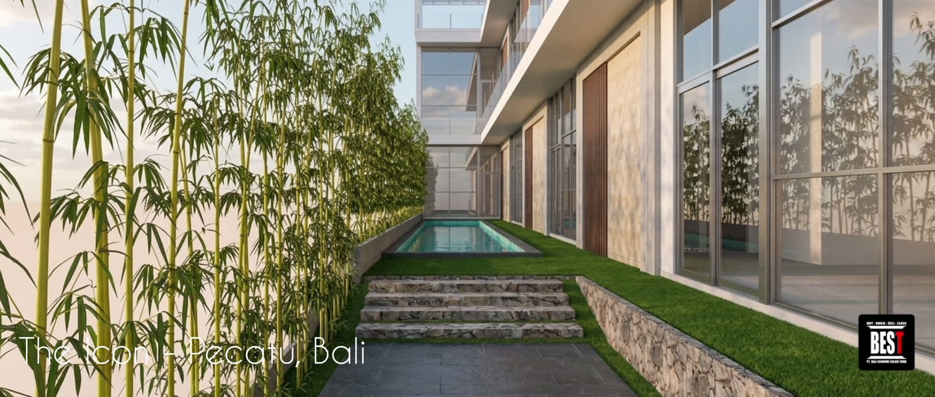 Poolside exterior render of The Icon villa in Pecatu, Bali