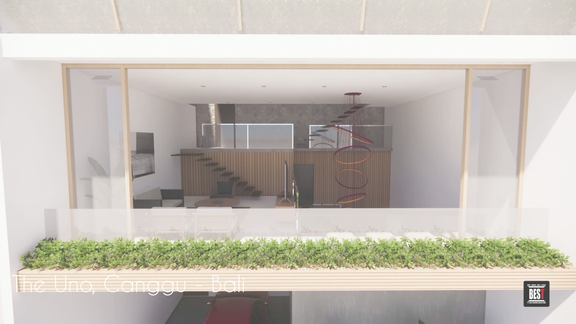 Interior render of The Uno in Canggu, looking down a sculptural staircase