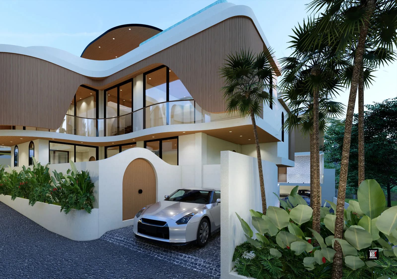 Hillside eco residences in Bali at dusk