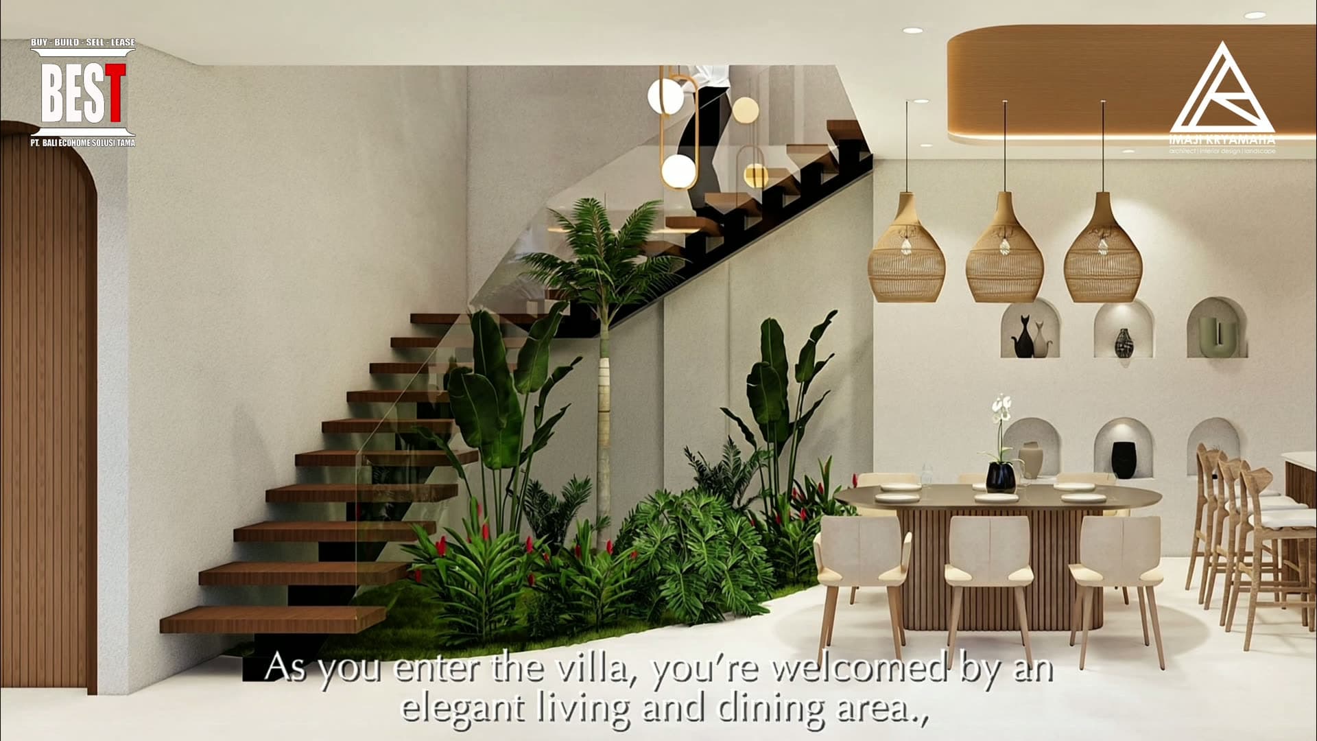 Render walkthrough of an open-plan villa kitchen and dining area